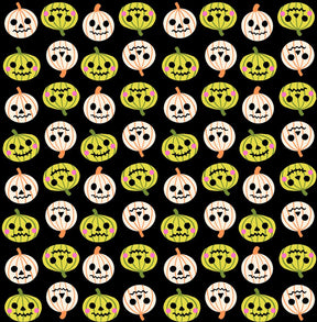 a repeating pattern of stylized pumpkins and skulls on a black background.