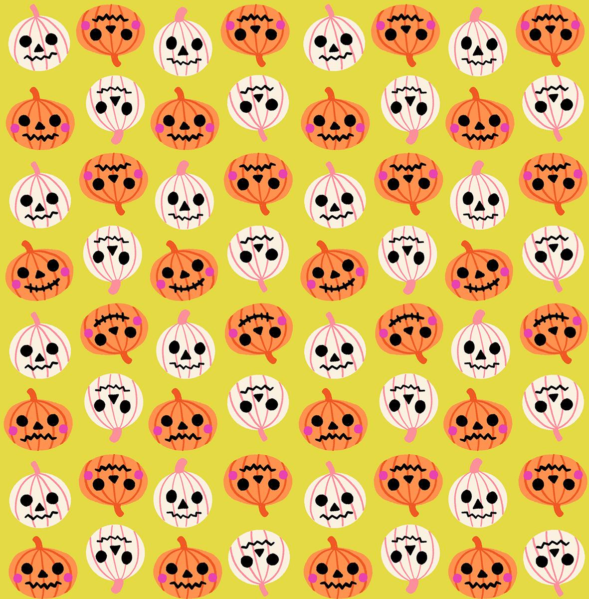 a repeating pattern of Halloween-themed pumpkins and skulls on a yellow background.