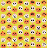 a repeating pattern of Halloween-themed pumpkins and skulls on a yellow background.