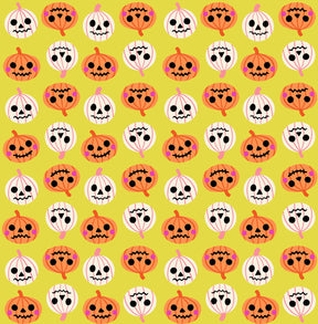 a repeating pattern of Halloween-themed pumpkins and skulls on a yellow background.