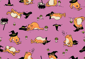 a repeating pattern of cartoon-style frogs wearing witch hats and surrounded by mushrooms, creating a whimsical and playful scene.