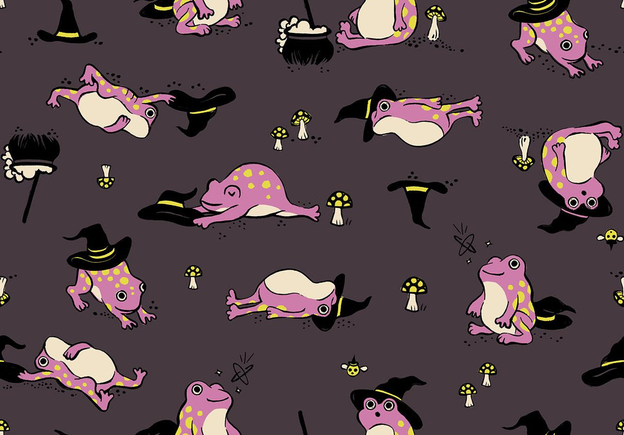 a repeating pattern of cartoon frogs wearing witch hats and surrounded by mushrooms, creating a whimsical and playful scene.