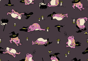a repeating pattern of cartoon frogs wearing witch hats and surrounded by mushrooms, creating a whimsical and playful scene.