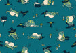 a repeating pattern of cartoon frogs wearing hats and surrounded by mushrooms and other whimsical elements.