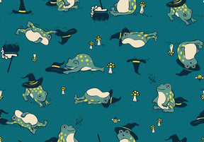 a repeating pattern of cartoon frogs wearing hats and surrounded by mushrooms and other whimsical elements.