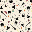 a repeating pattern of various Halloween-themed objects, including black hats, broomsticks, skulls, mushrooms, and other spooky symbols, all set against a white background with scattered stars.