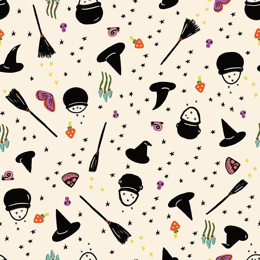 a repeating pattern of various Halloween-themed objects, including black hats, broomsticks, skulls, mushrooms, and other spooky symbols, all set against a white background with scattered stars.