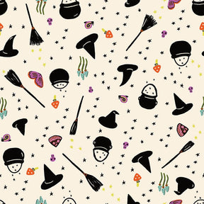 a repeating pattern of various Halloween-themed objects, including black hats, broomsticks, skulls, mushrooms, and other spooky symbols, all set against a white background with scattered stars.