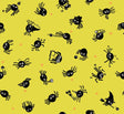a repeating pattern of black and white cartoon-like spiders on a yellow background.