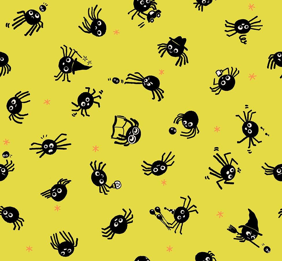 a repeating pattern of black and white cartoon-like spiders on a yellow background.