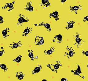 a repeating pattern of black and white cartoon-like spiders on a yellow background.