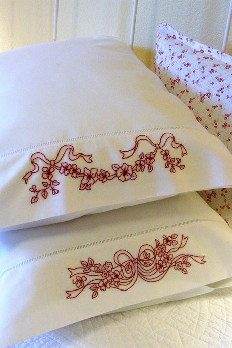 Ribbons & Blossoms Redwork Pillowcase BBD612 From Bird Brain Designs by Robin Kingsley Printed Pattern Only