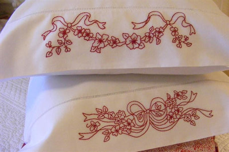 Ribbons & Blossoms Redwork Pillowcase BBD612 From Bird Brain Designs by Robin Kingsley Printed Pattern Only
