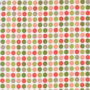 a repeating pattern of multicolored polka dots in shades of pink, green, and gray.