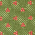 a pattern of green fabric with white polka dots, each adorned with red flowers and green leaves.