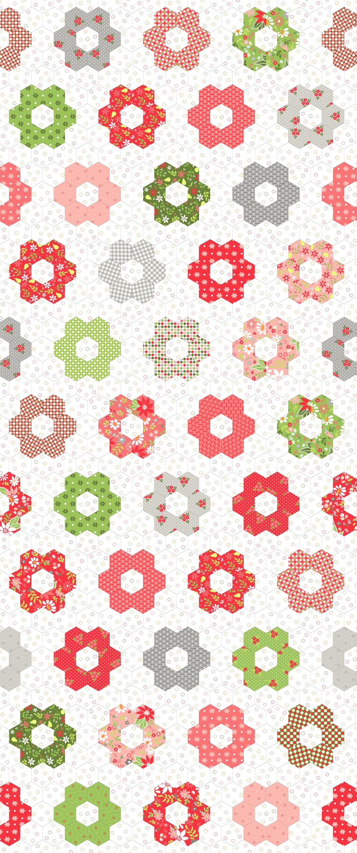a repeating pattern of various colorful hexagonal shapes, including flowers and leaves, arranged in a grid-like fashion.