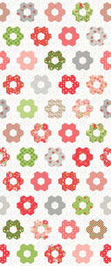 a repeating pattern of various colorful hexagonal shapes, including flowers and leaves, arranged in a grid-like fashion.