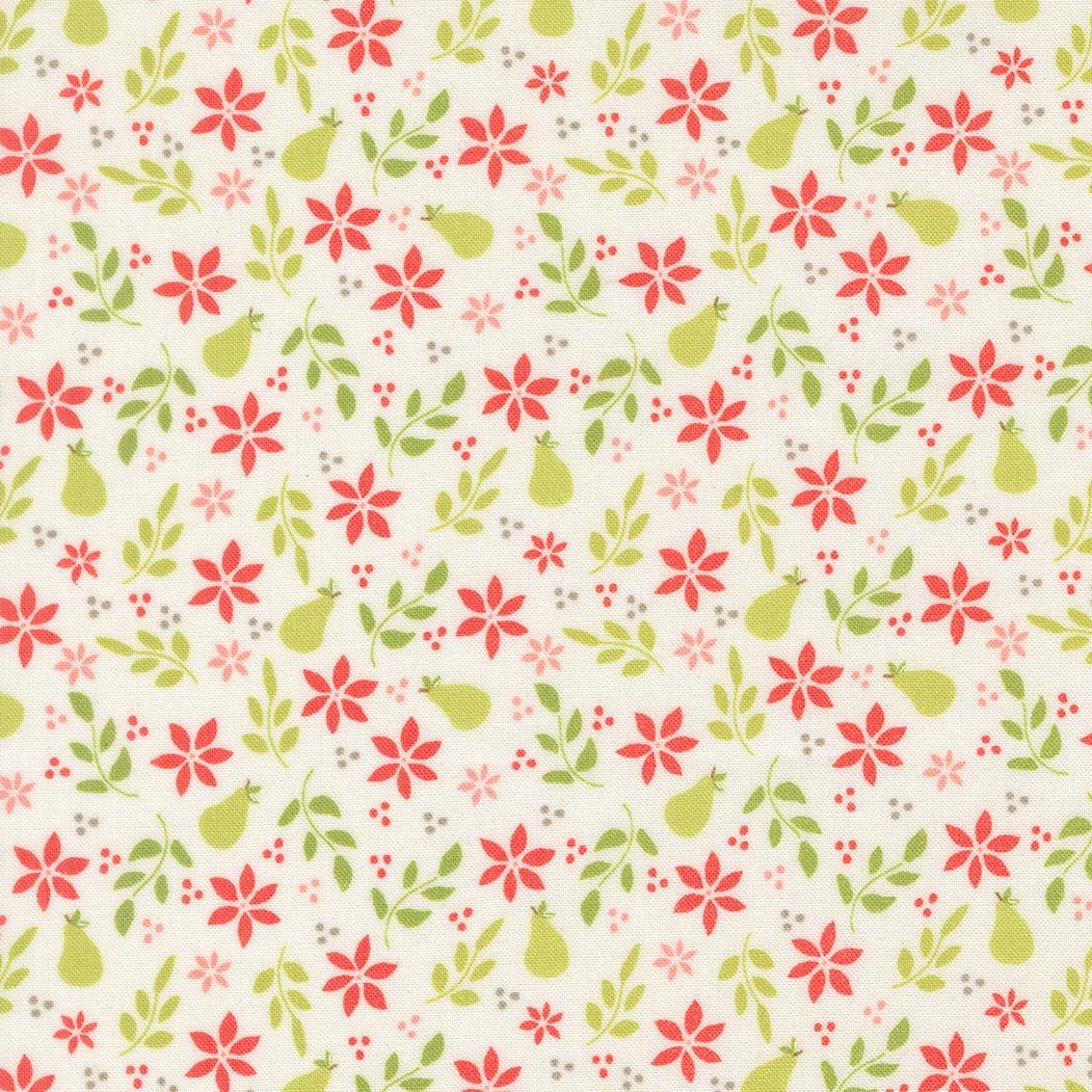 a repeating pattern of red flowers, green leaves, and pears on a white background.