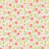 a repeating pattern of red flowers, green leaves, and pears on a white background.