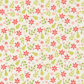 a repeating pattern of red flowers, green leaves, and pears on a white background.