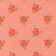 a repeating pattern of red flowers with green leaves against a pink background with white polka dots.
