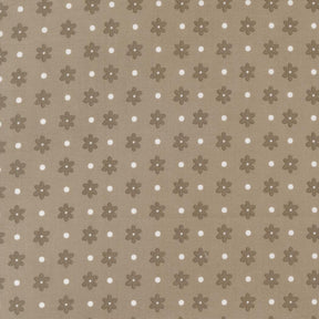 a repeating pattern of brown flowers with white polka dots on a beige background.