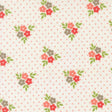 a repeating pattern of pink flowers with green leaves against a white background with pink polka dots.