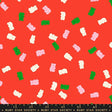 a vibrant red background with a playful pattern of pink and green gummy bears scattered across it.