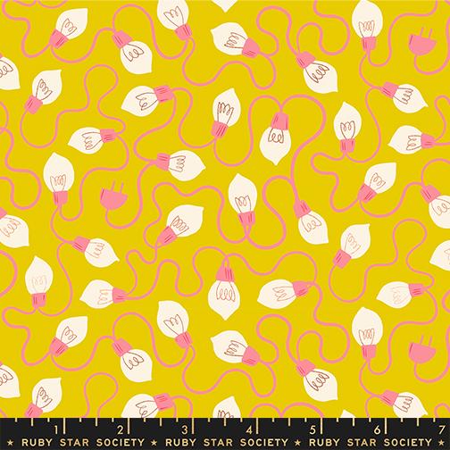 a repeating pattern of pink and white light bulbs against a yellow background.