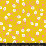 a repeating pattern of pink and white light bulbs against a yellow background.