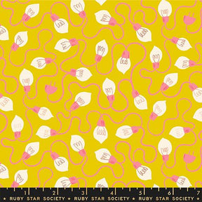 a repeating pattern of pink and white light bulbs against a yellow background.
