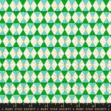 a repeating pattern of green and white triangles arranged in a diamond shape, creating a visually striking and geometric design.