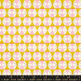 a repeating pattern of yellow and pink triangles arranged in a grid-like fashion.