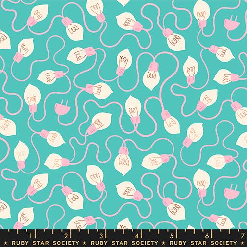 a pattern of pink and white light bulbs arranged in a repeating design on a teal background.