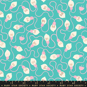 a pattern of pink and white light bulbs arranged in a repeating design on a teal background.