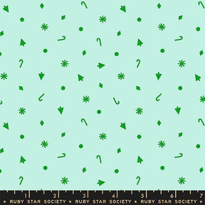 a pattern of green shapes and icons, including snowflakes, stars, and other decorative elements, scattered across a light blue background.