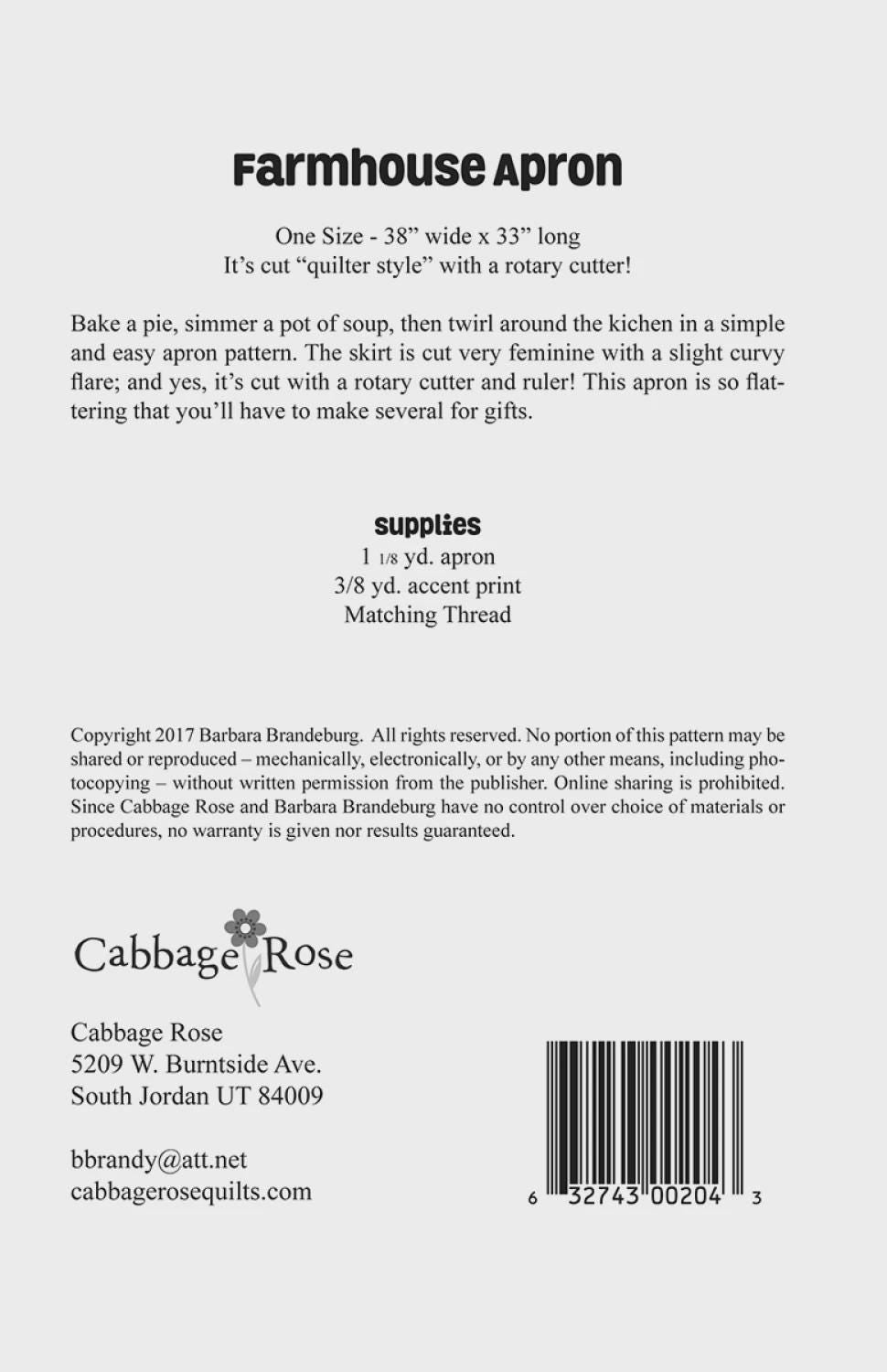 Farmhouse Apron Pattern From Cabbage Rose by Barbara Brandeburg Patterns 204-FARM Paper Pattern only