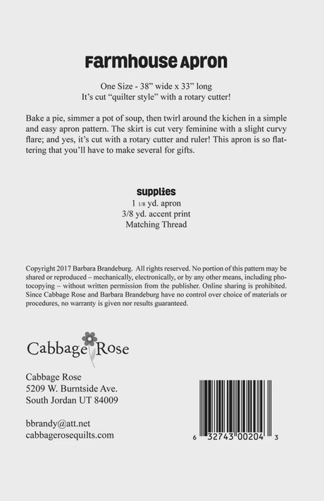 Farmhouse Apron Pattern From Cabbage Rose by Barbara Brandeburg Patterns 204-FARM Paper Pattern only