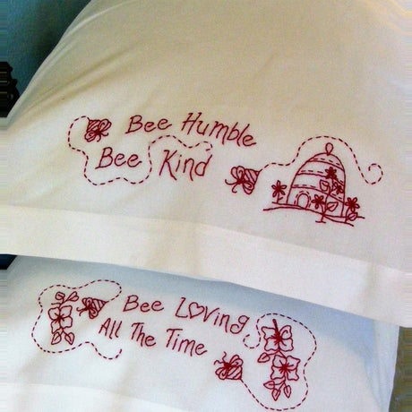 Bee Humble-Bee Kind Redwork Pillowcase BBD613 From Bird Brain Designs by Robin Kingsley Printed Pattern Only