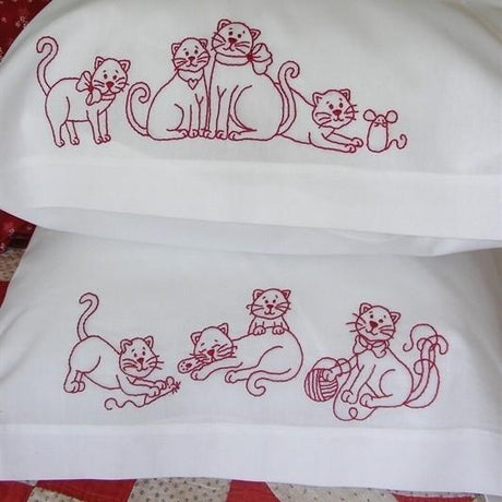 Frisky Kitties Redwork Pillowcase BBD610 From Bird Brain Designs by Robin Kingsley Printed Pattern Only