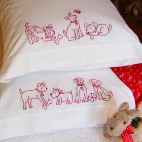 Playful Pups Redwork Pillowcase BBD611 From Bird Brain Designs by Robin Kingsley Printed Pattern Only
