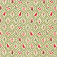 a repeating pattern of green diamond shapes with red birds, flowers, and leaves inside them, creating a festive and decorative design.