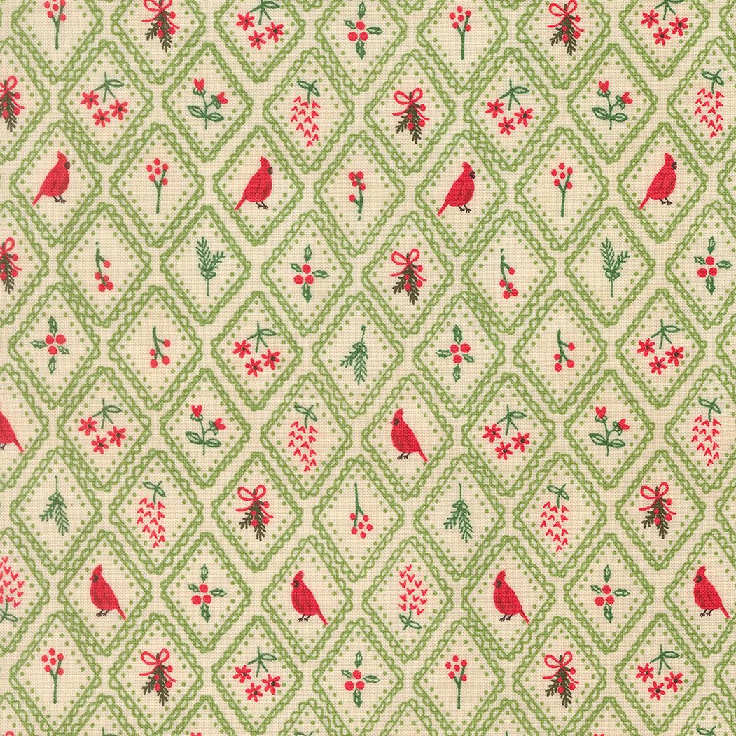 a repeating pattern of green diamond shapes with red birds, flowers, and leaves inside them, creating a festive and decorative design.