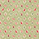 a repeating pattern of green diamond shapes with red birds, flowers, and leaves inside them, creating a festive and decorative design.