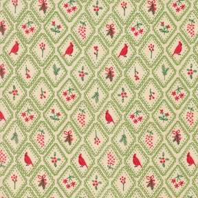 a repeating pattern of green diamond shapes with red birds, flowers, and leaves inside them, creating a festive and decorative design.