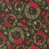 a repeating pattern of Christmas wreaths, poinsettias, and birds on a dark background.