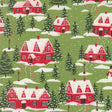 a snowy village scene with red houses, Christmas trees, and candy canes scattered throughout the landscape.