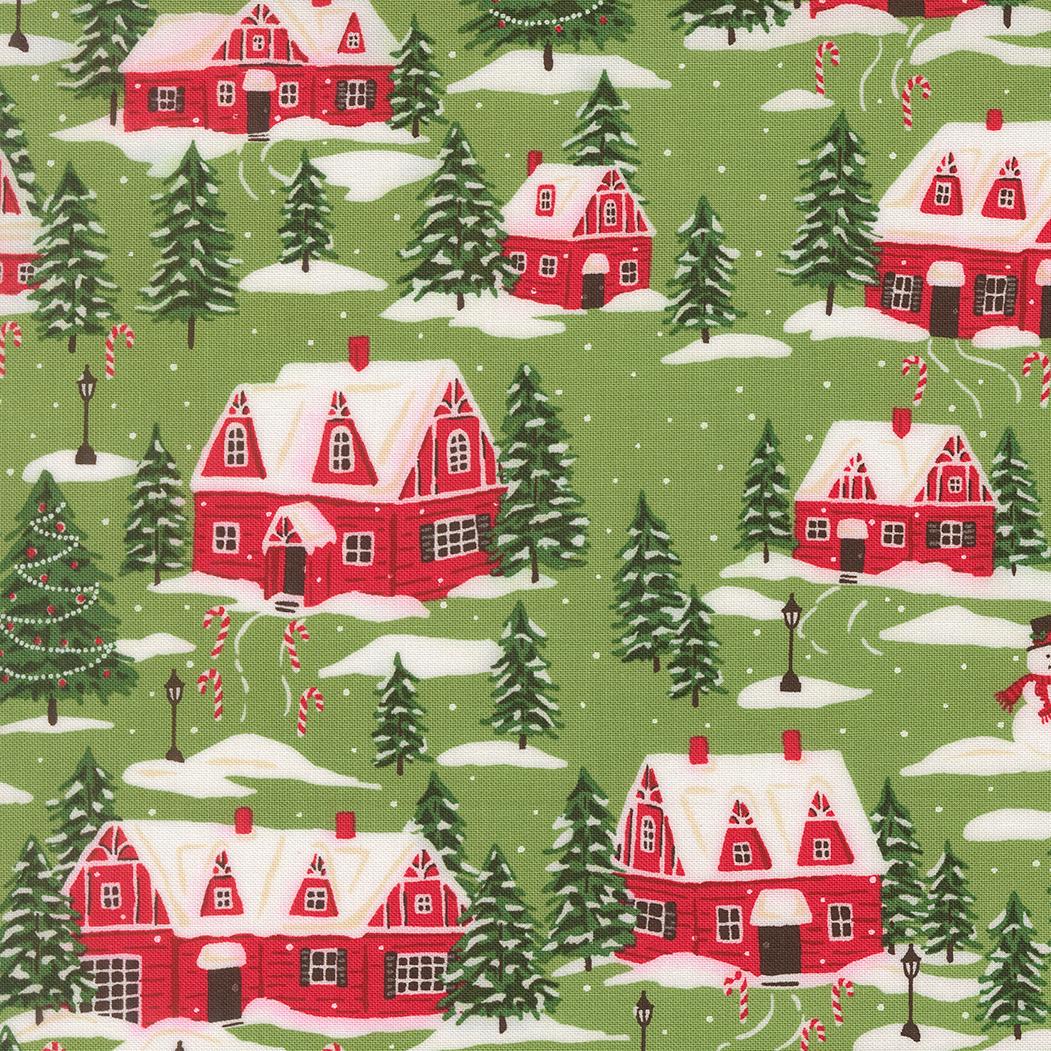 a snowy village scene with red houses, Christmas trees, and candy canes scattered throughout the landscape.