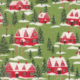 a snowy village scene with red houses, Christmas trees, and candy canes scattered throughout the landscape.