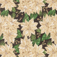 a repeating pattern of white poinsettia flowers against a dark background, with green leaves interspersed throughout the pattern.